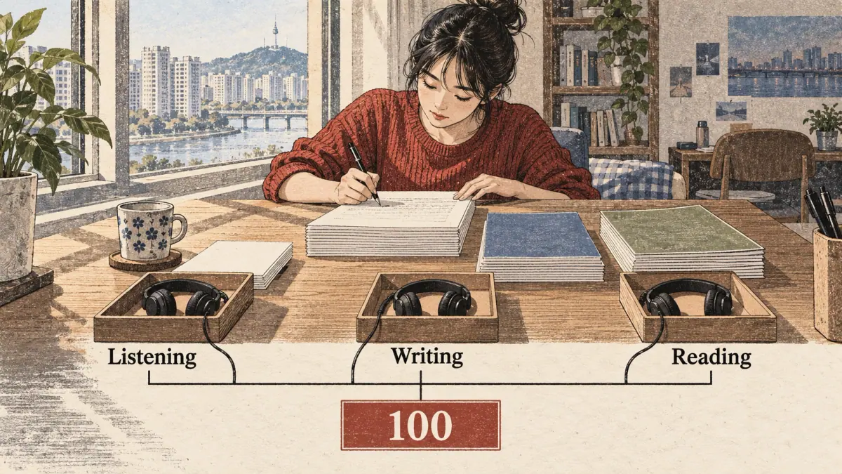 Teaching scene showing section weights in a Seoul study setting.