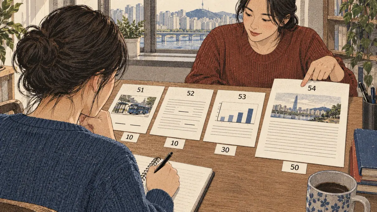 Teaching scene showing four writing tasks in a Seoul study setting.