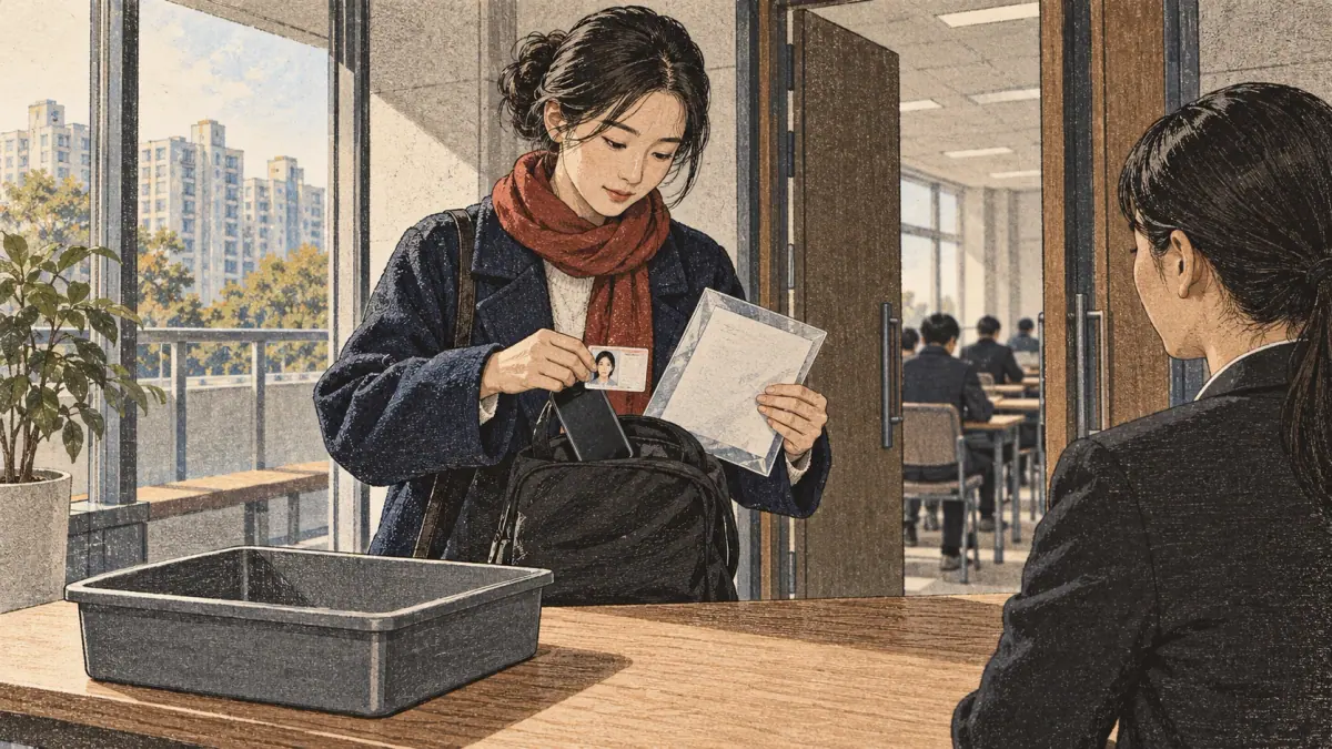 Teaching scene showing test day preparation in a Seoul study setting.