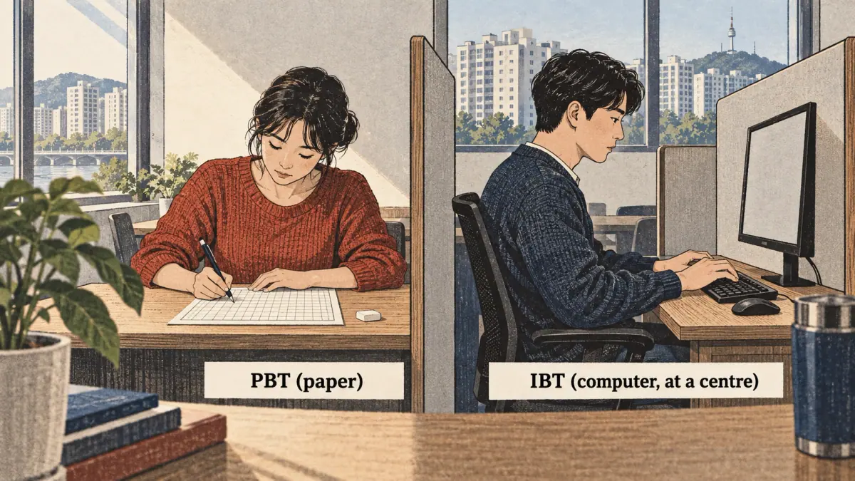 Teaching scene showing paper versus computer in a Seoul study setting.