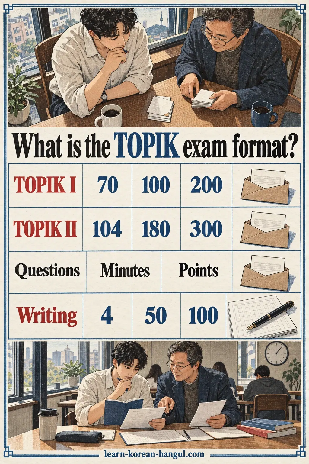 Illustrated cheat sheet with 4 study rows and a Seoul practice scene.