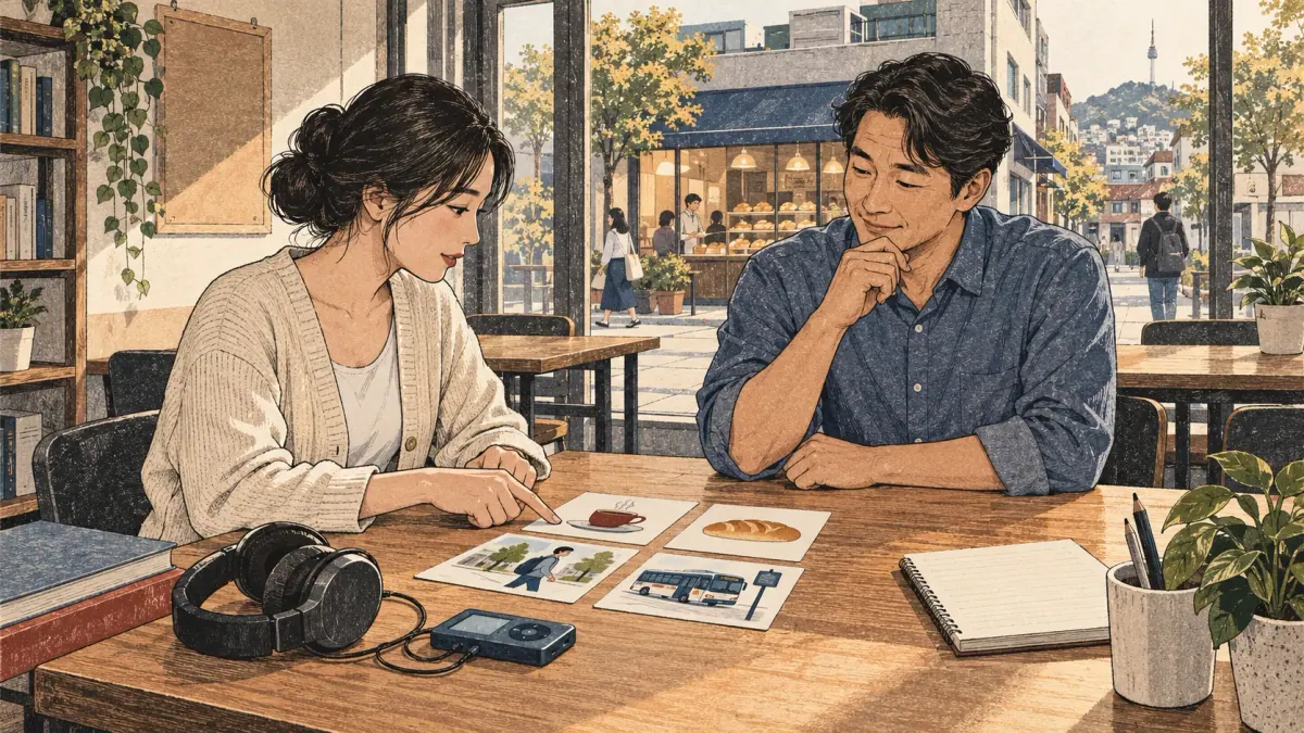 Beginner and teacher use situation cards to practise grammar in a Seoul classroom.