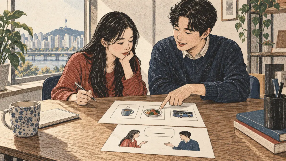 Teaching scene showing grammar through comprehension in a Seoul study setting.