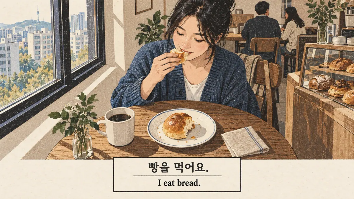 Cafe learner eating bread: 빵을 먹어요.