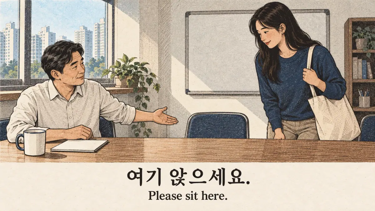 Teacher offering a seat: 여기 앉으세요.