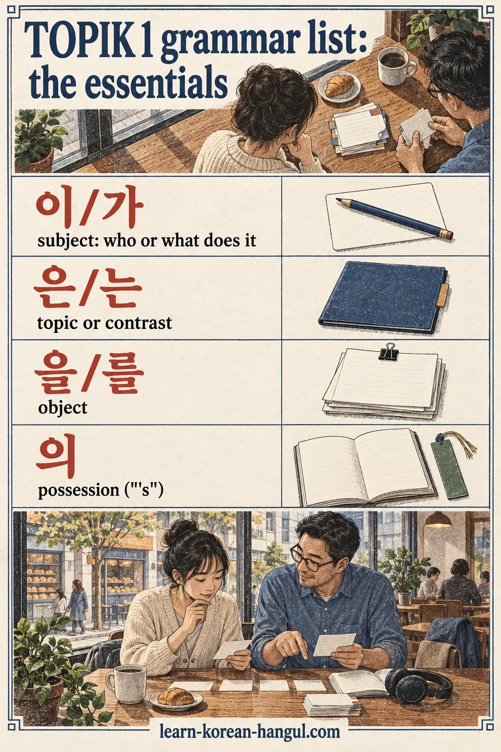 Illustrated rows: 이/가; 은/는; 을/를; 의