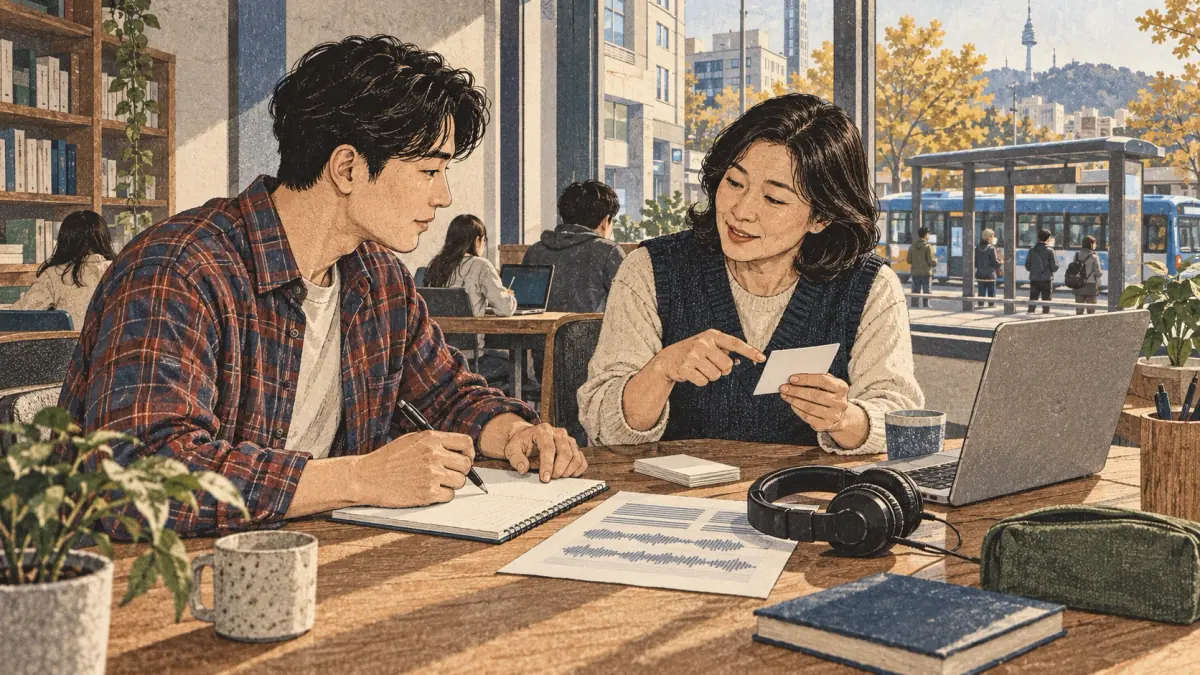 Intermediate learner and tutor study connectors and written patterns near a Seoul university.