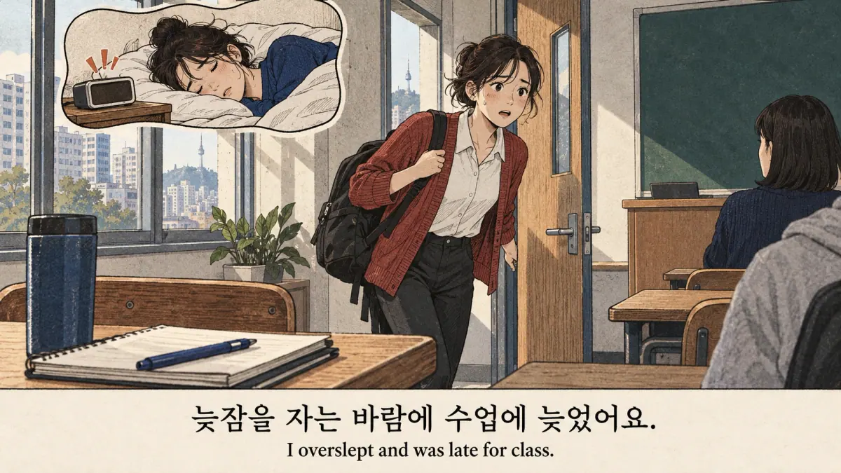 Late arrival after oversleeping: 늦잠을 자는 바람에 수업에 늦었어요.