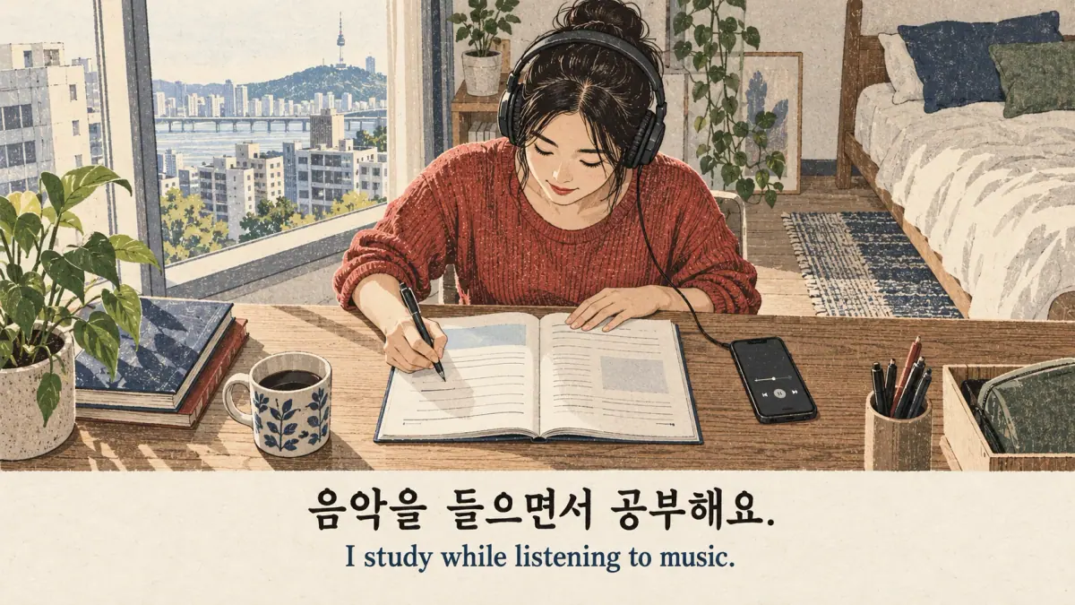 Studying with music: 음악을 들으면서 공부해요.