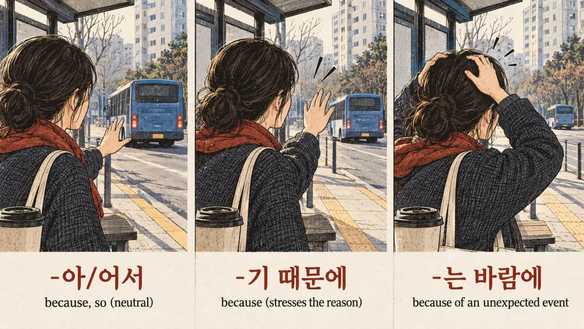 Three missed-bus explanations: -아/어서; -기 때문에; -는 바람에
