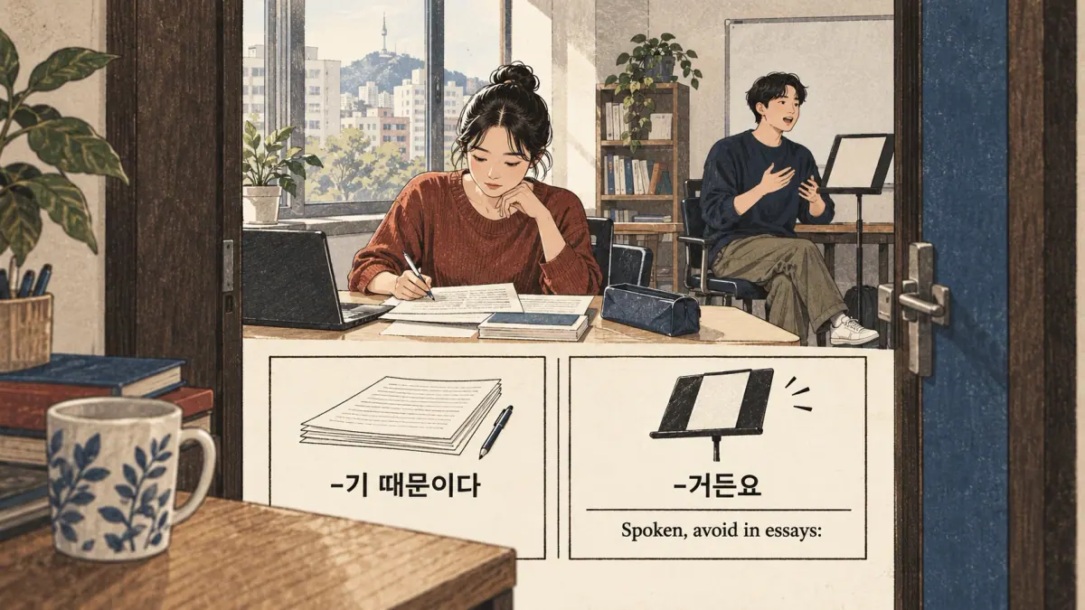 Essay and conversation: -기 때문이다; -거든요