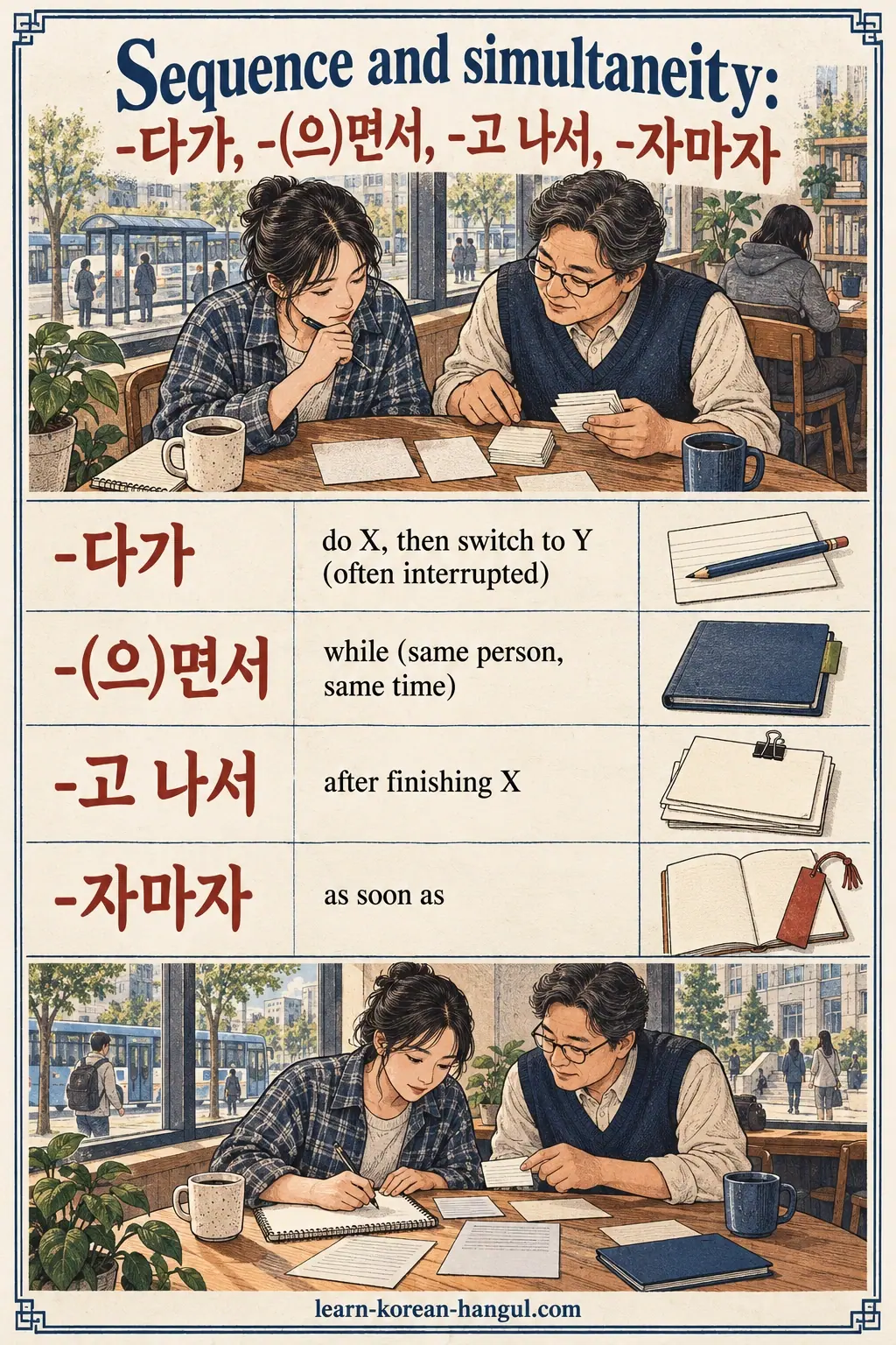 Illustrated rows: -다가; -(으)면서; -고 나서; -자마자