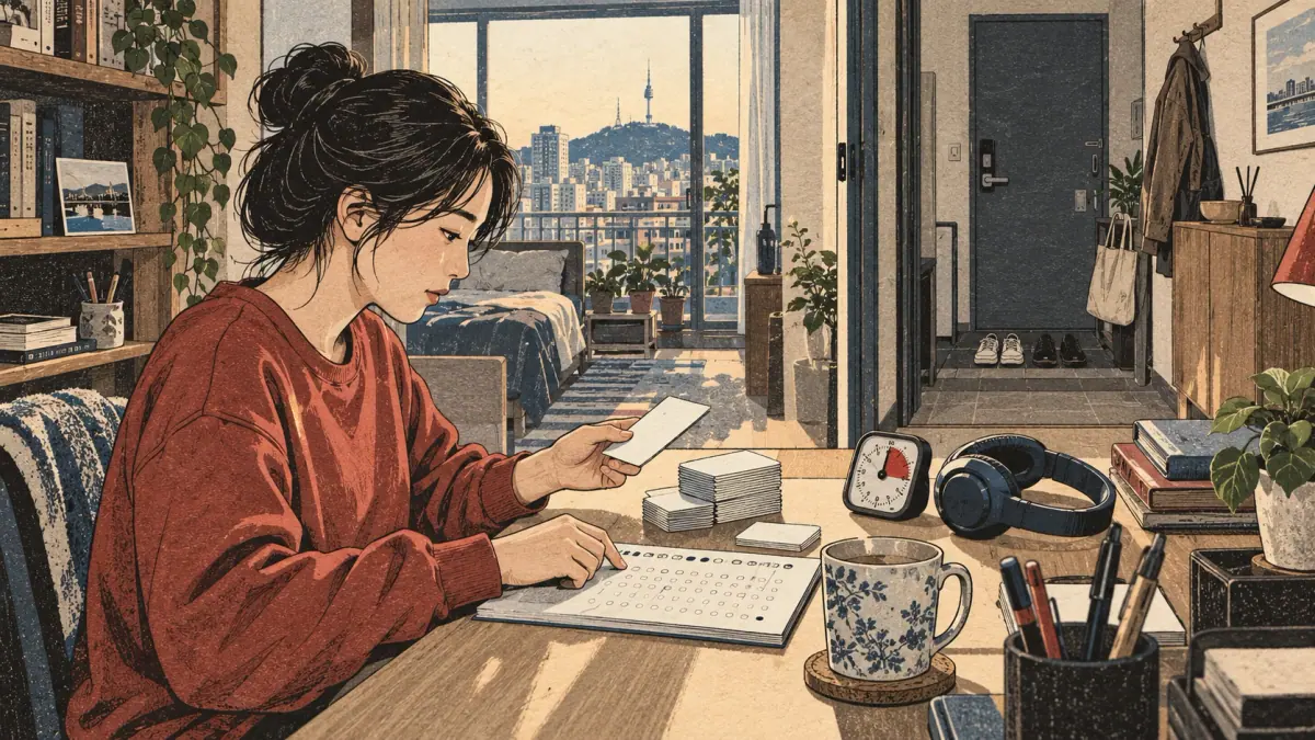 Beginner reviews vocabulary cards, audio and a timed mock at a Seoul apartment desk.