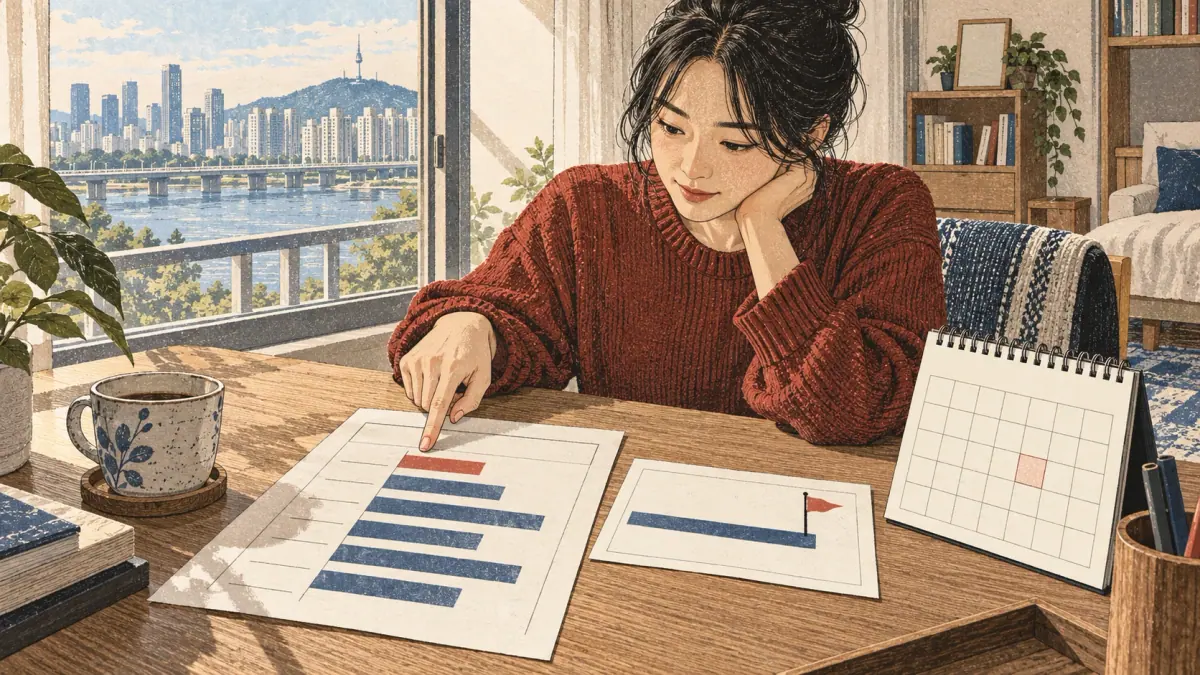 Learner practises target with focused materials at a Seoul study desk.
