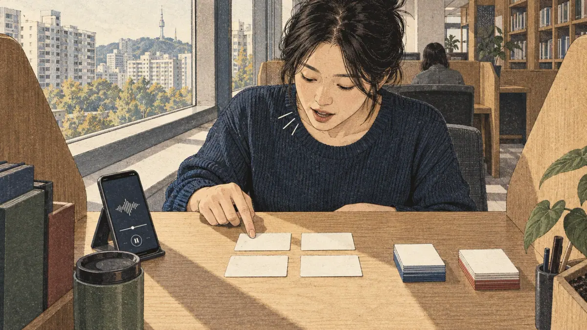 Learner practises vocabulary with focused materials at a Seoul study desk.