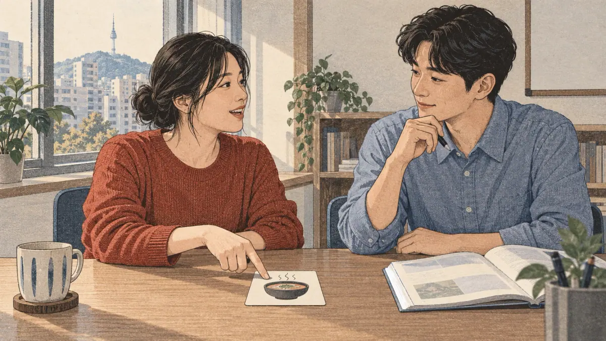 Learner practises grammar with focused materials at a Seoul study desk.