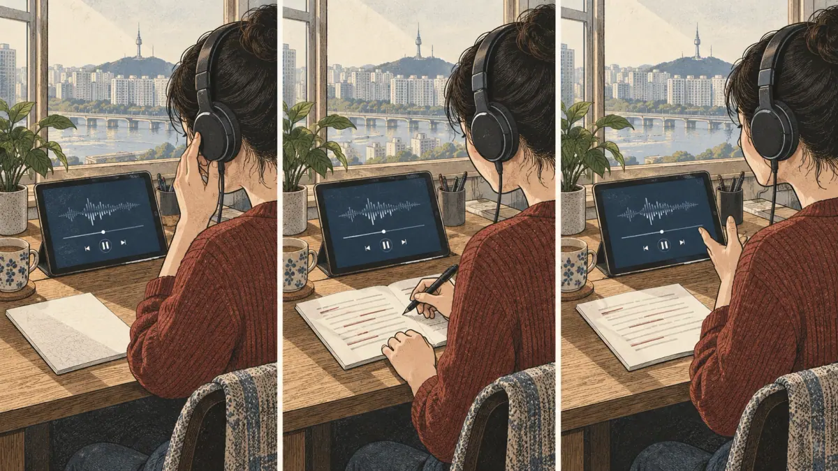 Learner practises listening with focused materials at a Seoul study desk.