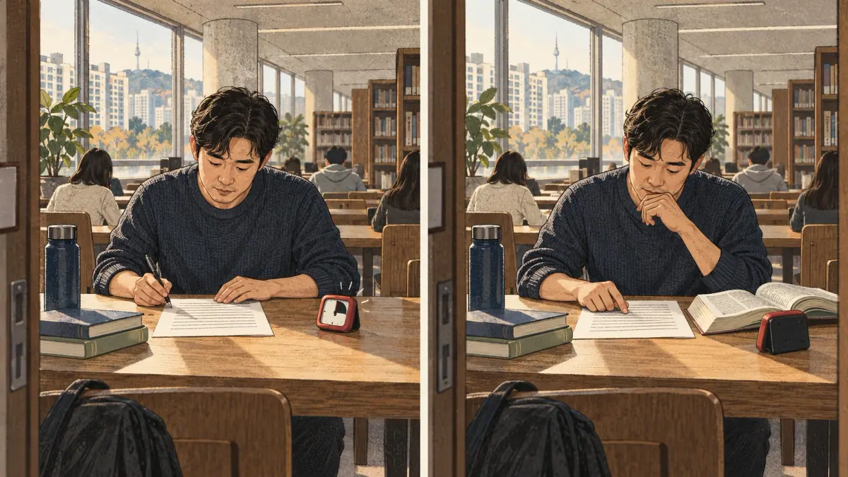 Learner practises reading with focused materials at a Seoul study desk.