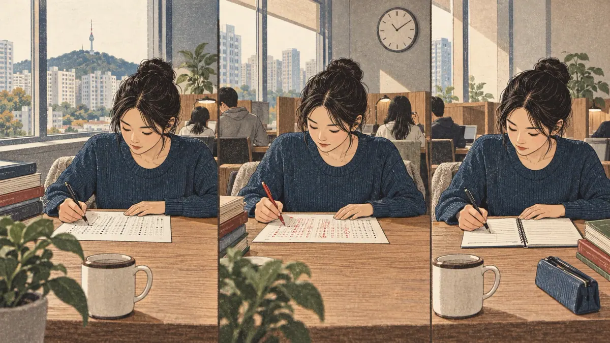 Learner practises timed mocks with focused materials at a Seoul study desk.