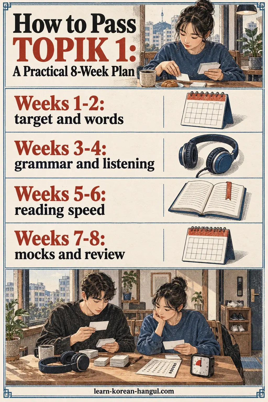 Illustrated cheat sheet with 4 study rows and a Seoul practice scene.