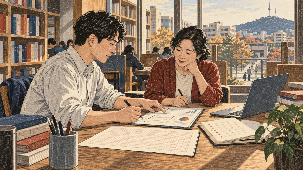 Learner and tutor review an essay, graph description and error log in a Seoul library booth.