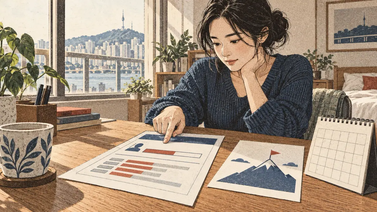 Learner practises target with focused materials at a Seoul study desk.