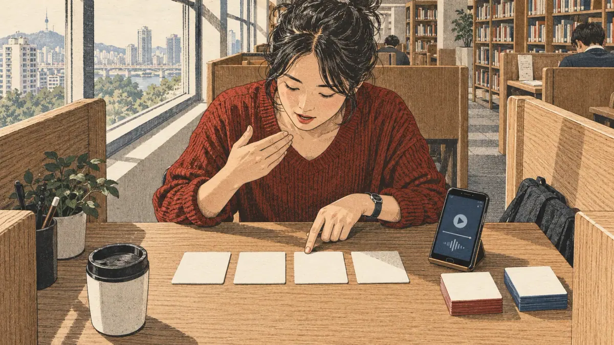 Learner practises vocabulary with focused materials at a Seoul study desk.