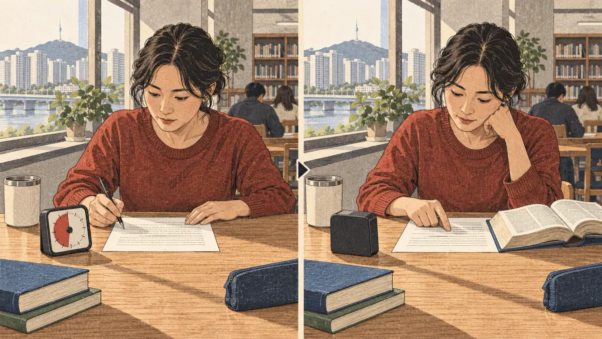 Learner practises timed reading with focused materials at a Seoul study desk.