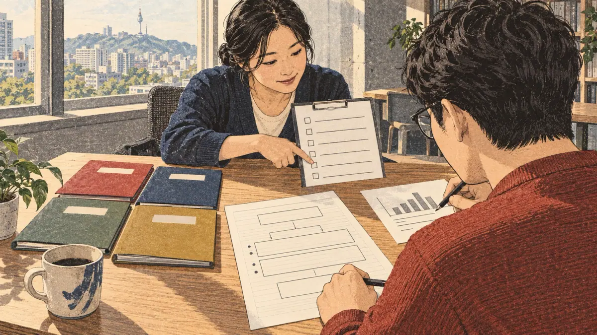 Learner practises writing with focused materials at a Seoul study desk.