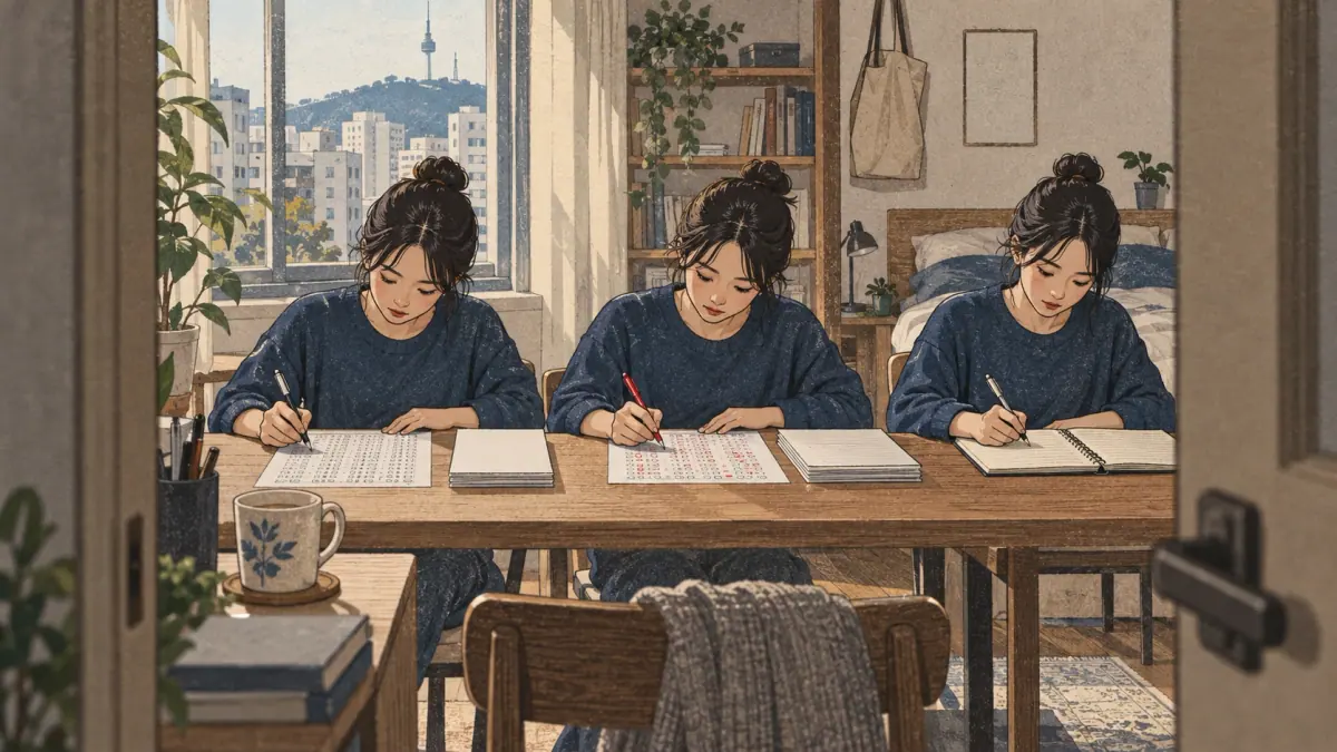 Learner practises mock review with focused materials at a Seoul study desk.
