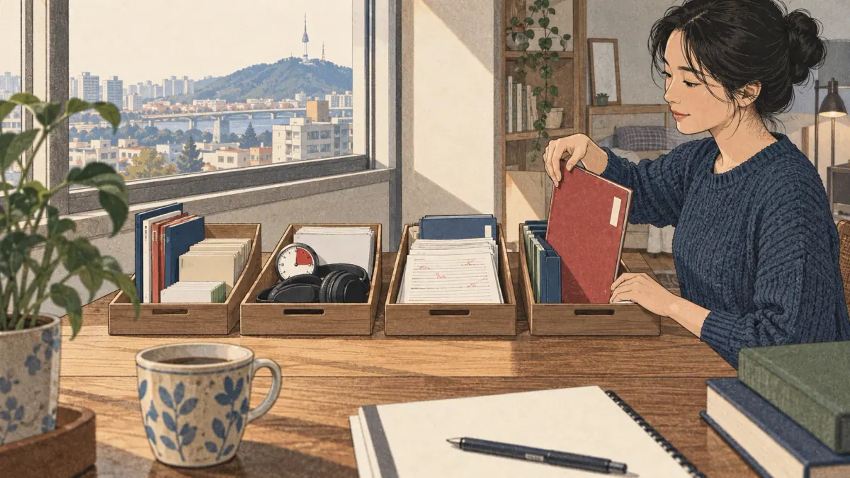 Learner practises four phases with focused materials at a Seoul study desk.