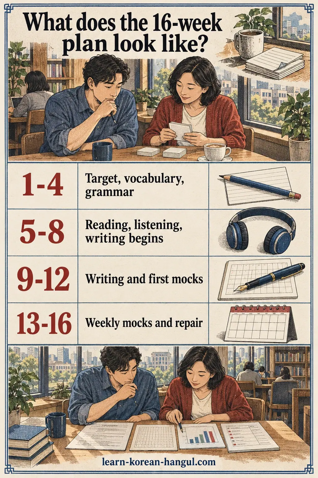 Illustrated cheat sheet with 4 study rows and a Seoul practice scene.