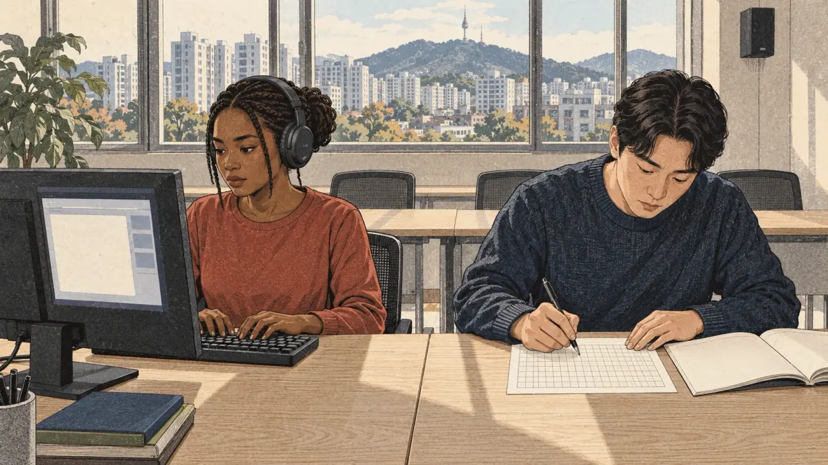 Two adult candidates practise computer typing and handwritten essays side by side in a Seoul classroom.