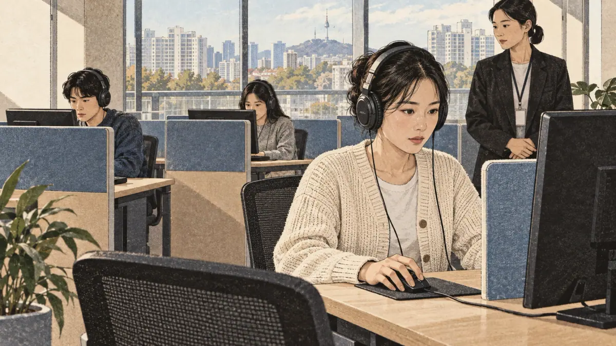 Adult learners prepare for topik ibt in a contemporary Seoul study setting.
