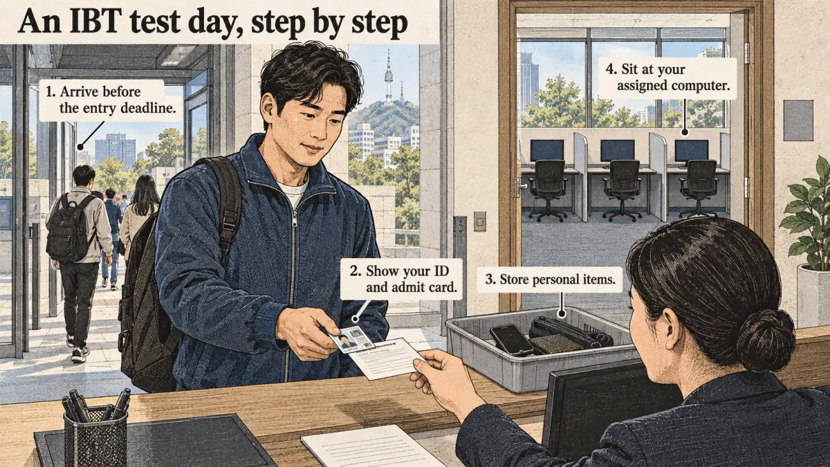 Illustrated lesson about An IBT test day, step by step.