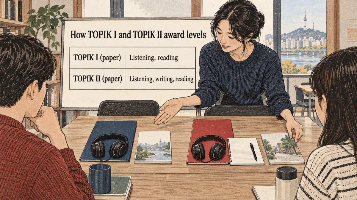 Illustrated lesson about How TOPIK I and TOPIK II award levels.