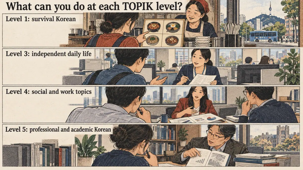 Illustrated lesson about What can you do at each TOPIK level.