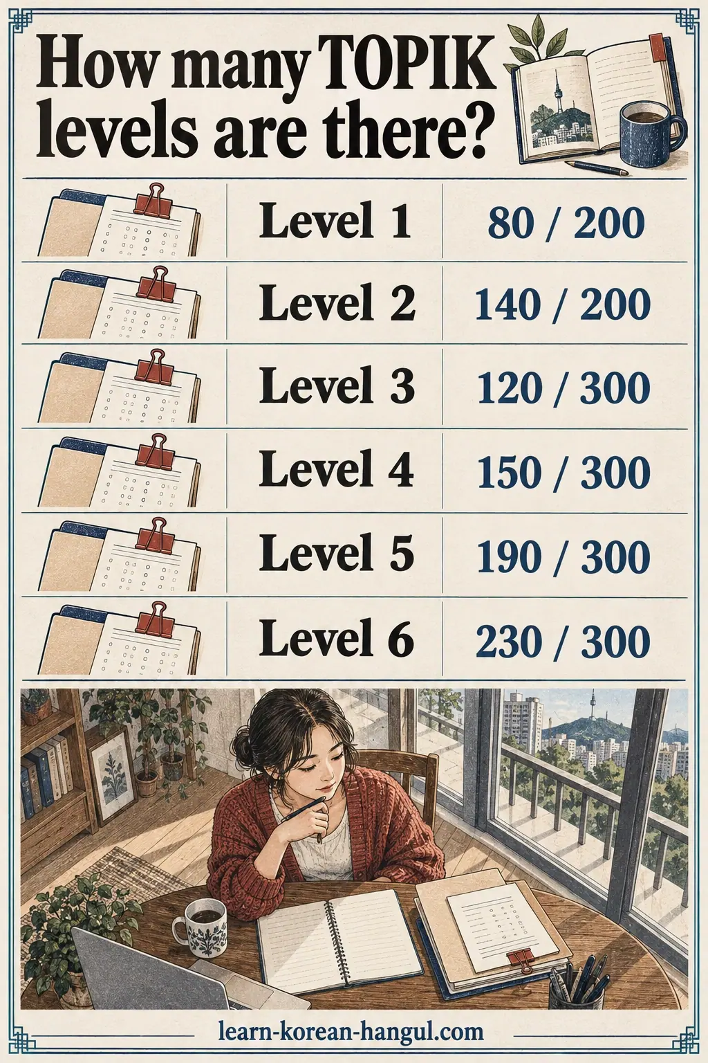 Illustrated cheat-sheet about How many TOPIK levels are there.