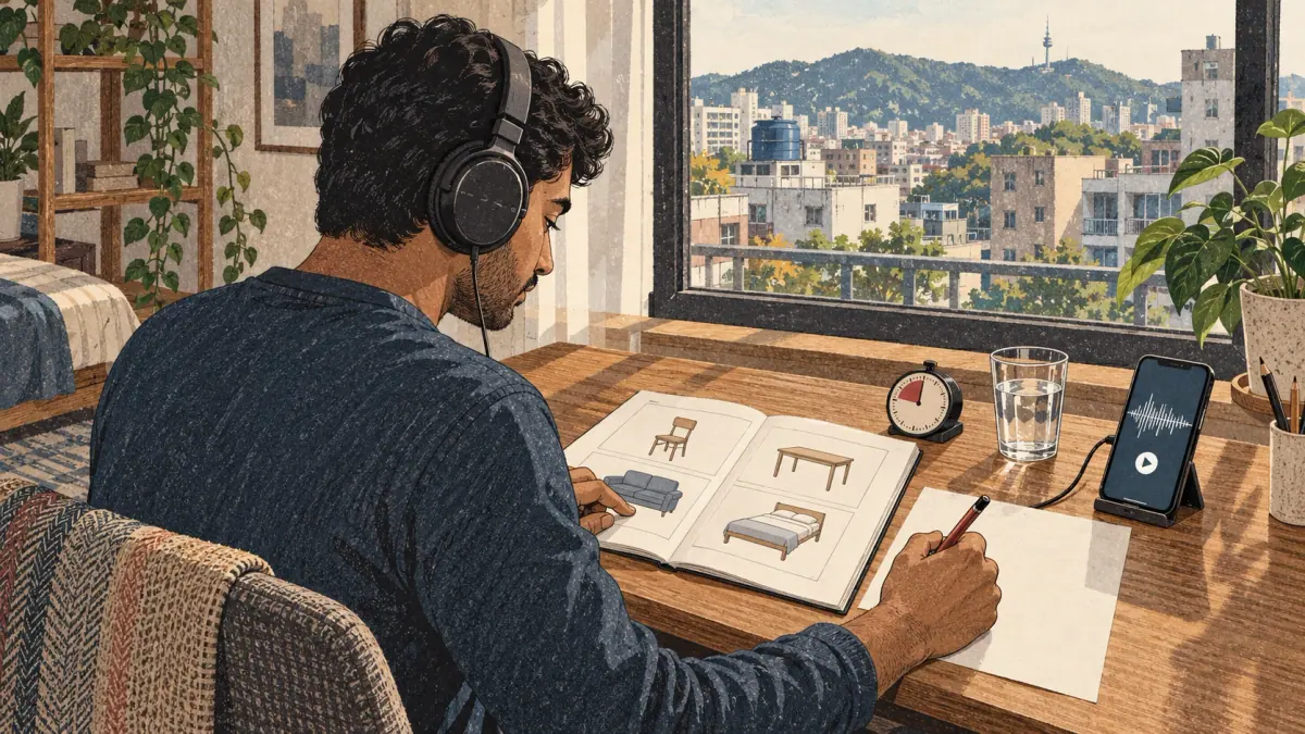 A learner wearing headphones previews four picture choices during listening practice in a Seoul apartment.