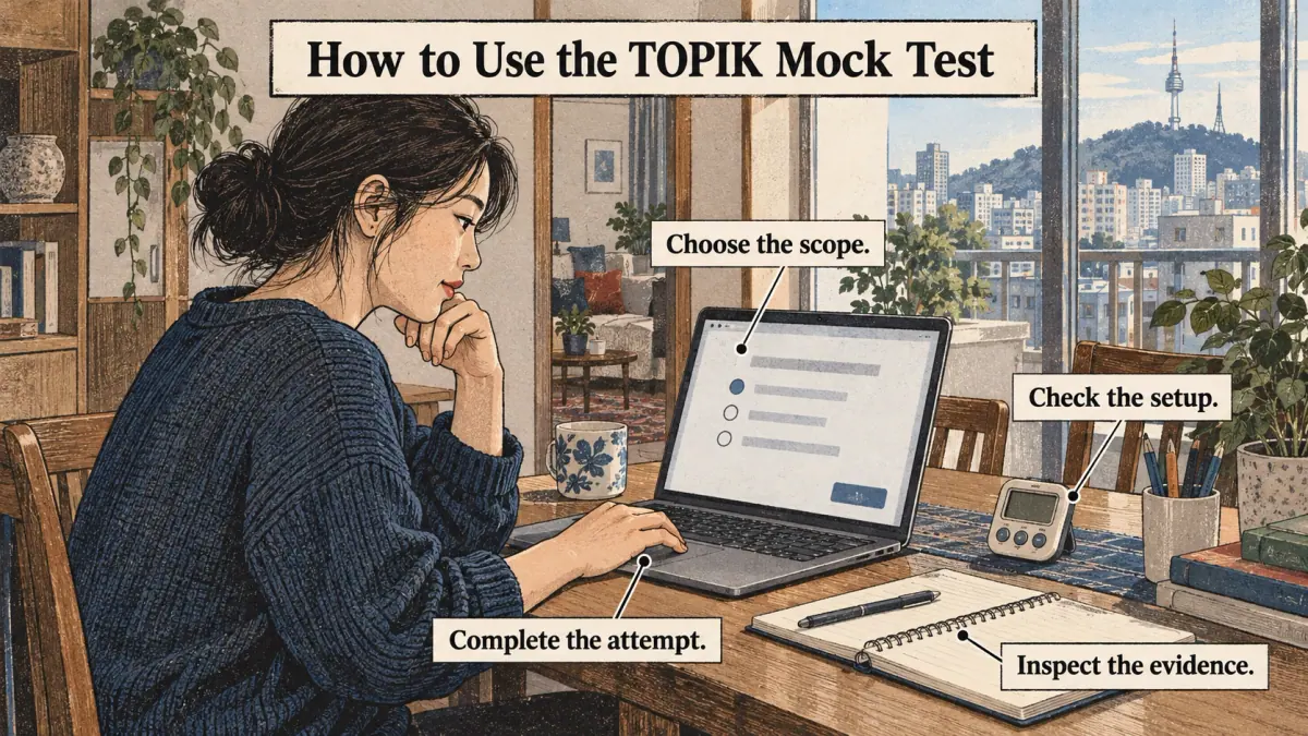 Illustrated lesson about How to Use the TOPIK Mock Test.