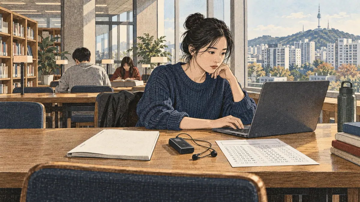 Adult learners prepare for topik past papers in a contemporary Seoul study setting.