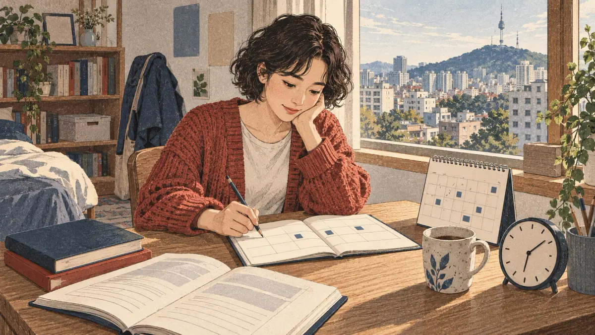 A learner plans regular TOPIK study sessions at a desk in a Seoul apartment.