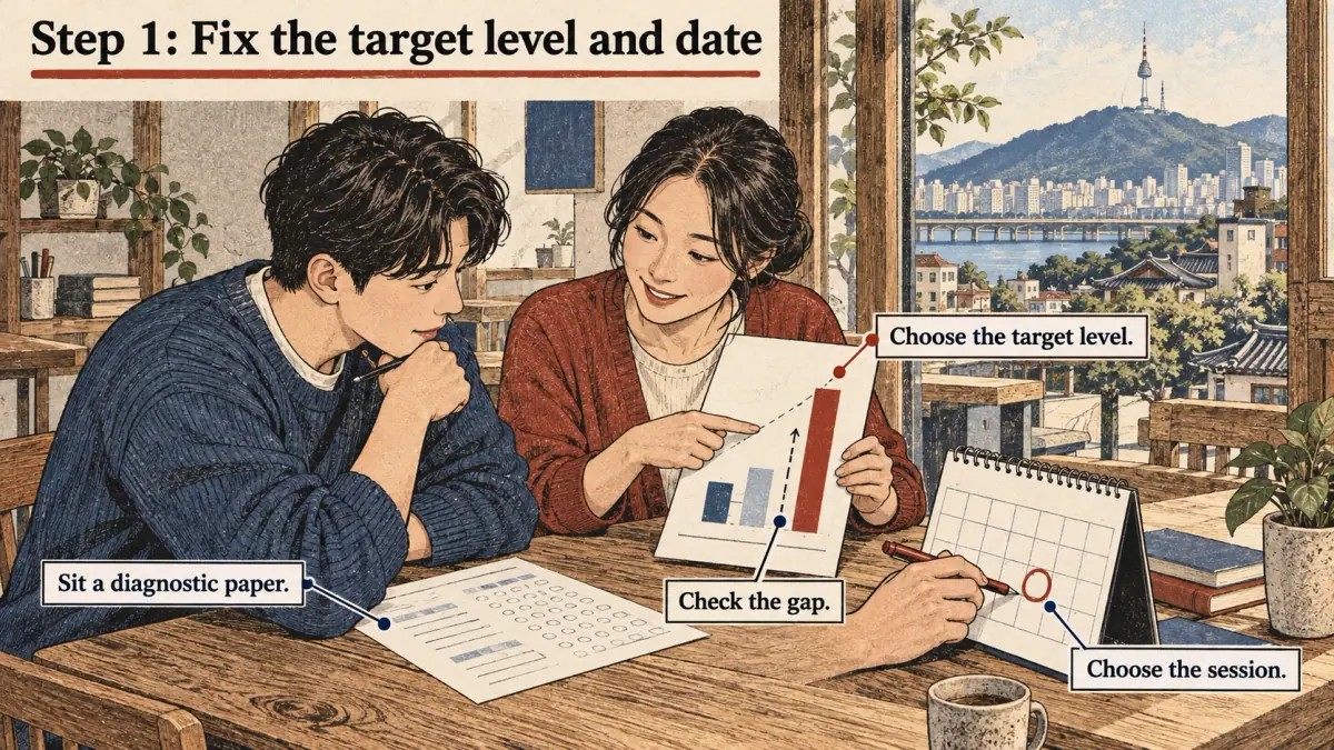 Illustrated lesson about Step 1: Fix the target level and date.