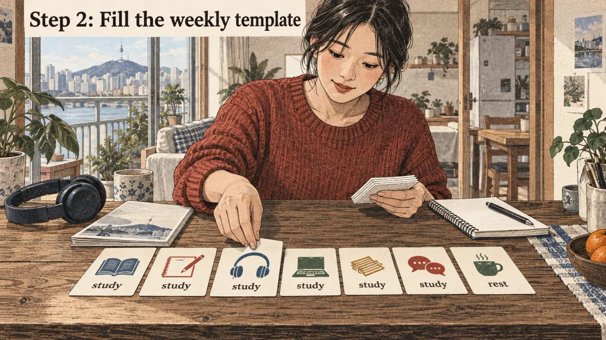 Illustrated lesson about Step 2: Fill the weekly template.