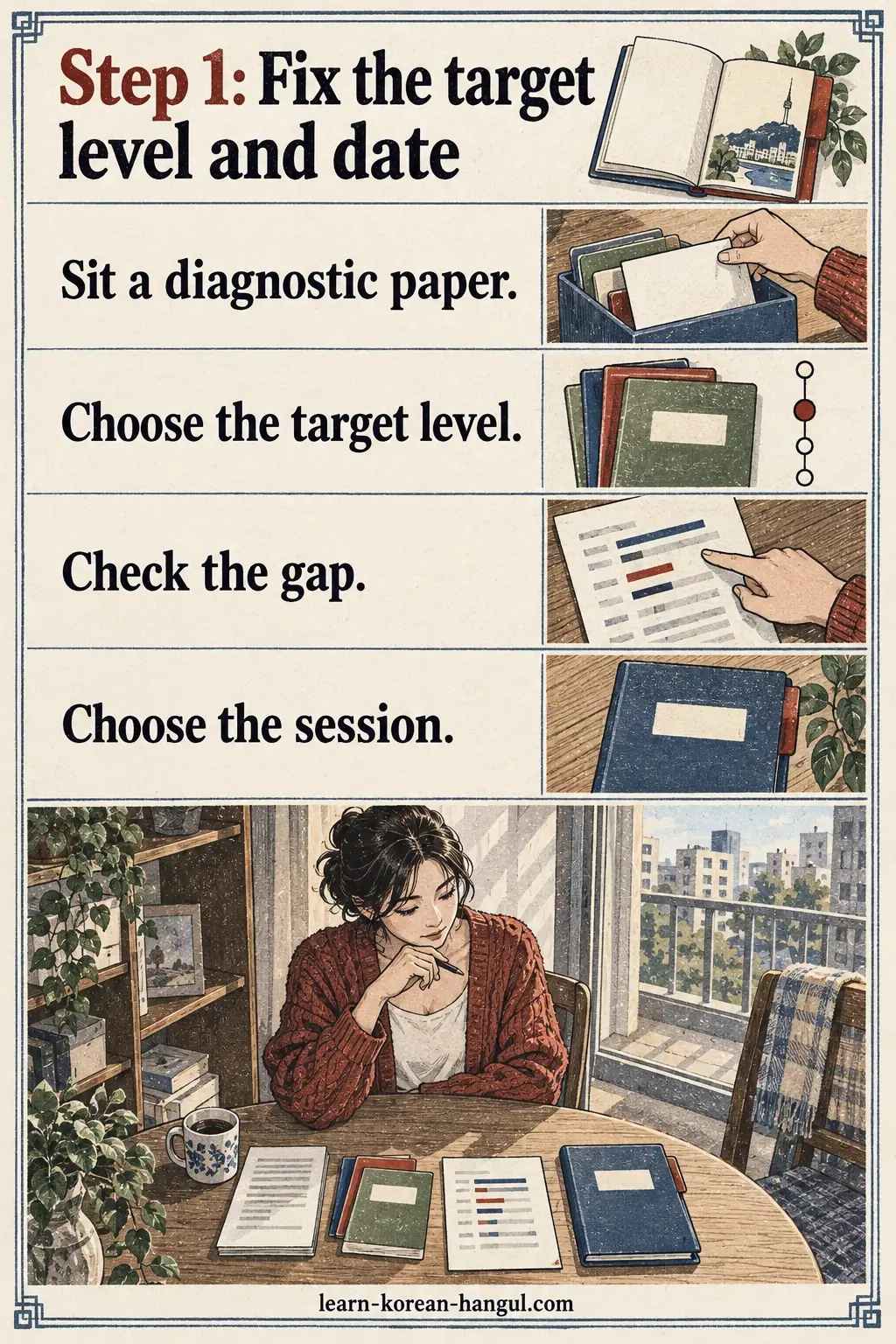 Illustrated cheat-sheet about Step 1: Fix the target level and date.