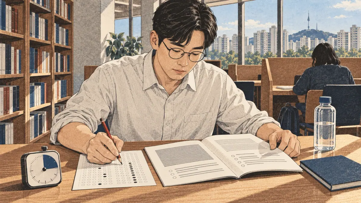 A learner practises timed TOPIK reading with a booklet, timer and answer sheet in a Seoul study room.