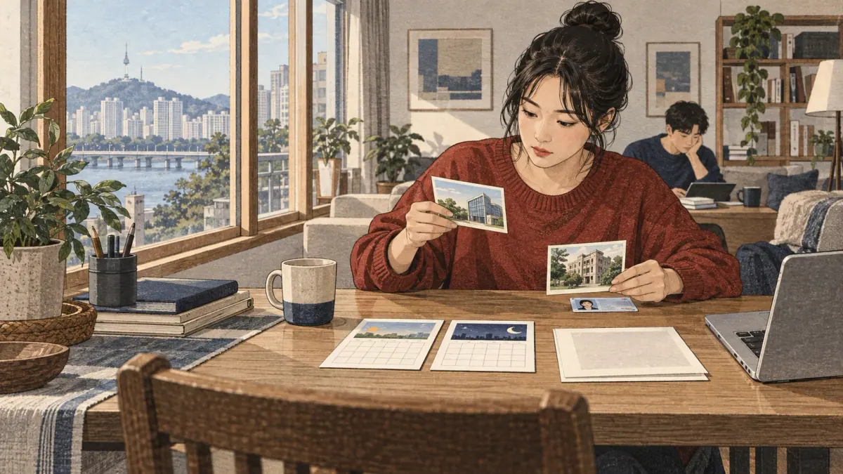 Adult learners prepare for topik registration in a contemporary Seoul study setting.