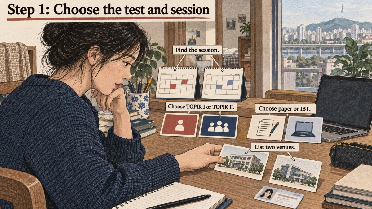Illustrated lesson about Step 1: Choose the test and session.