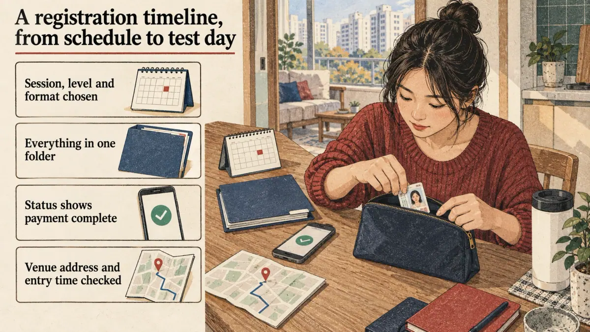 Illustrated lesson about A registration timeline, from schedule to test day.