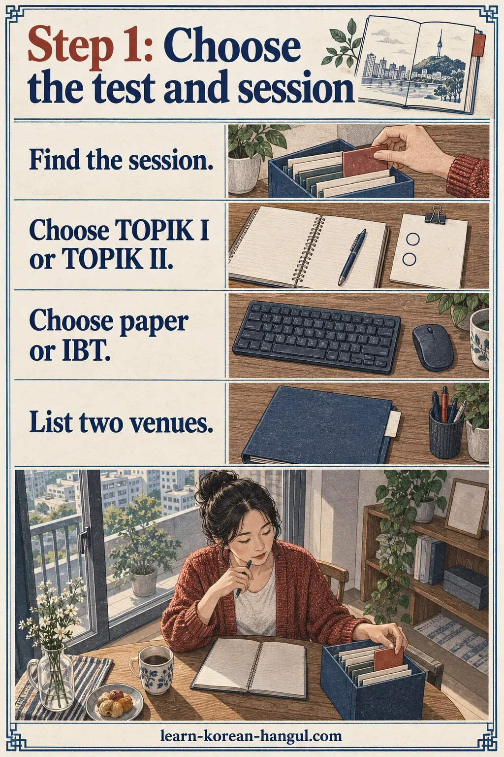 Illustrated cheat-sheet about Step 1: Choose the test and session.